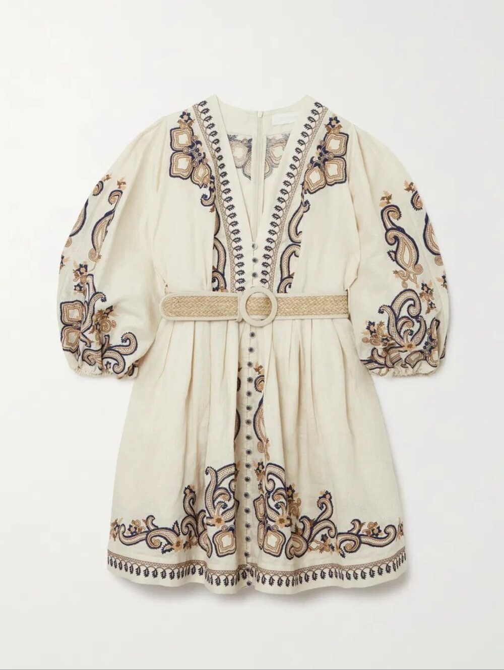 ZIMMERMANN Aliane Belted Embroidered Linen Mini Dress,Size 0 But Fit on S/Size 1